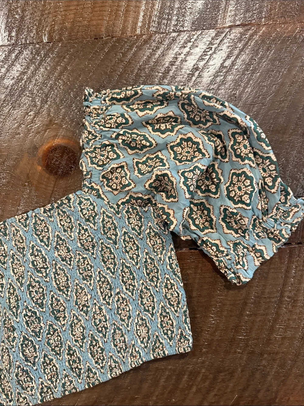 Zara Teal Patterned Smocked Crop Top with Puff Sleeves